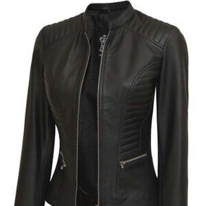 Women's Black Slim Fit Cafe Racer Real Leather Jacket